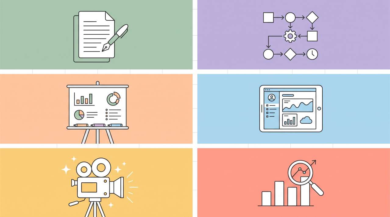 Illustration of six AI business model icons for UK startups in 2026