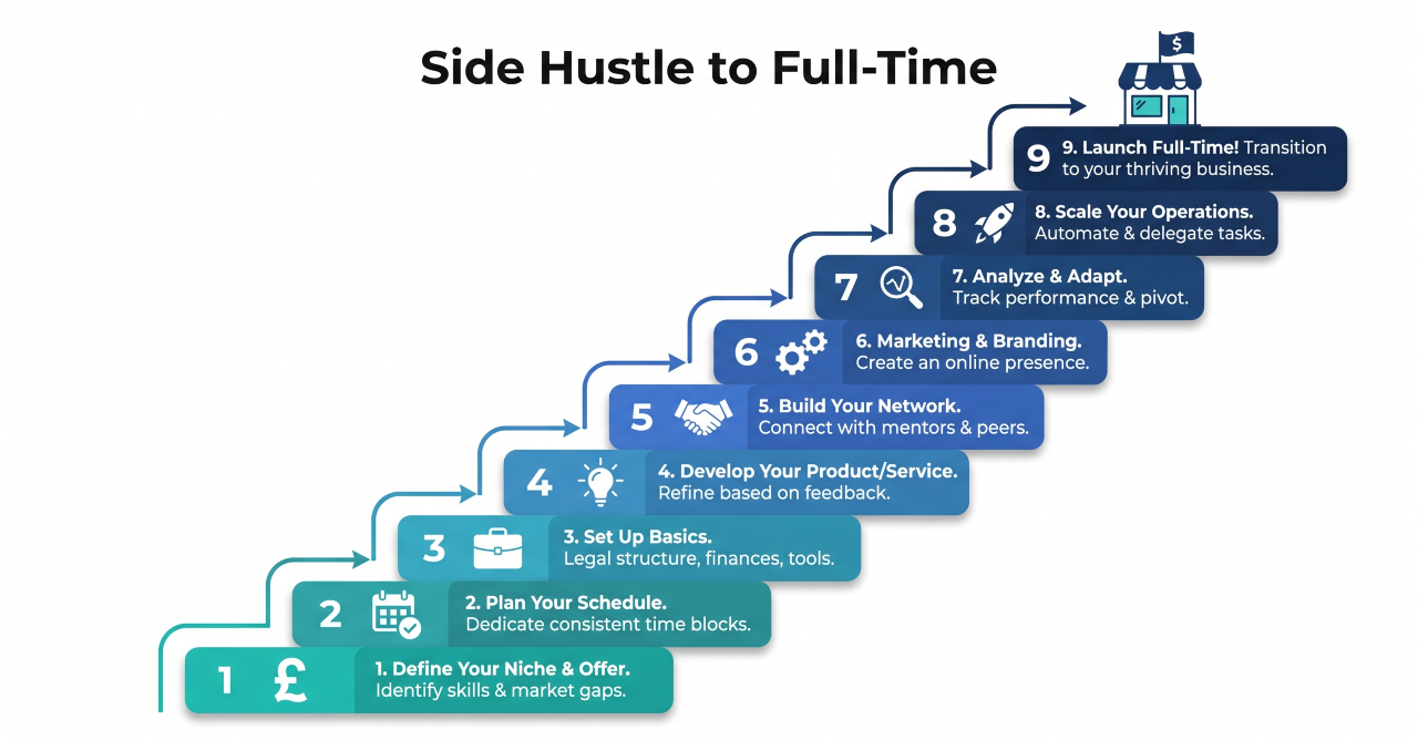 Nine-step infographic showing the roadmap to turn a side hustle into a full-time business