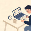 Flat illustration of a UK entrepreneur reviewing a weekly productivity plan at a minimal desk.