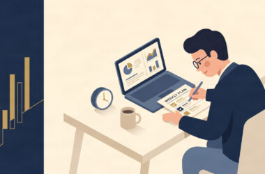 Flat illustration of a UK entrepreneur reviewing a weekly productivity plan at a minimal desk.