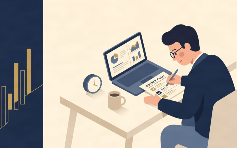 Flat illustration of a UK entrepreneur reviewing a weekly productivity plan at a minimal desk.