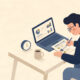 Flat illustration of a UK entrepreneur reviewing a weekly productivity plan at a minimal desk.