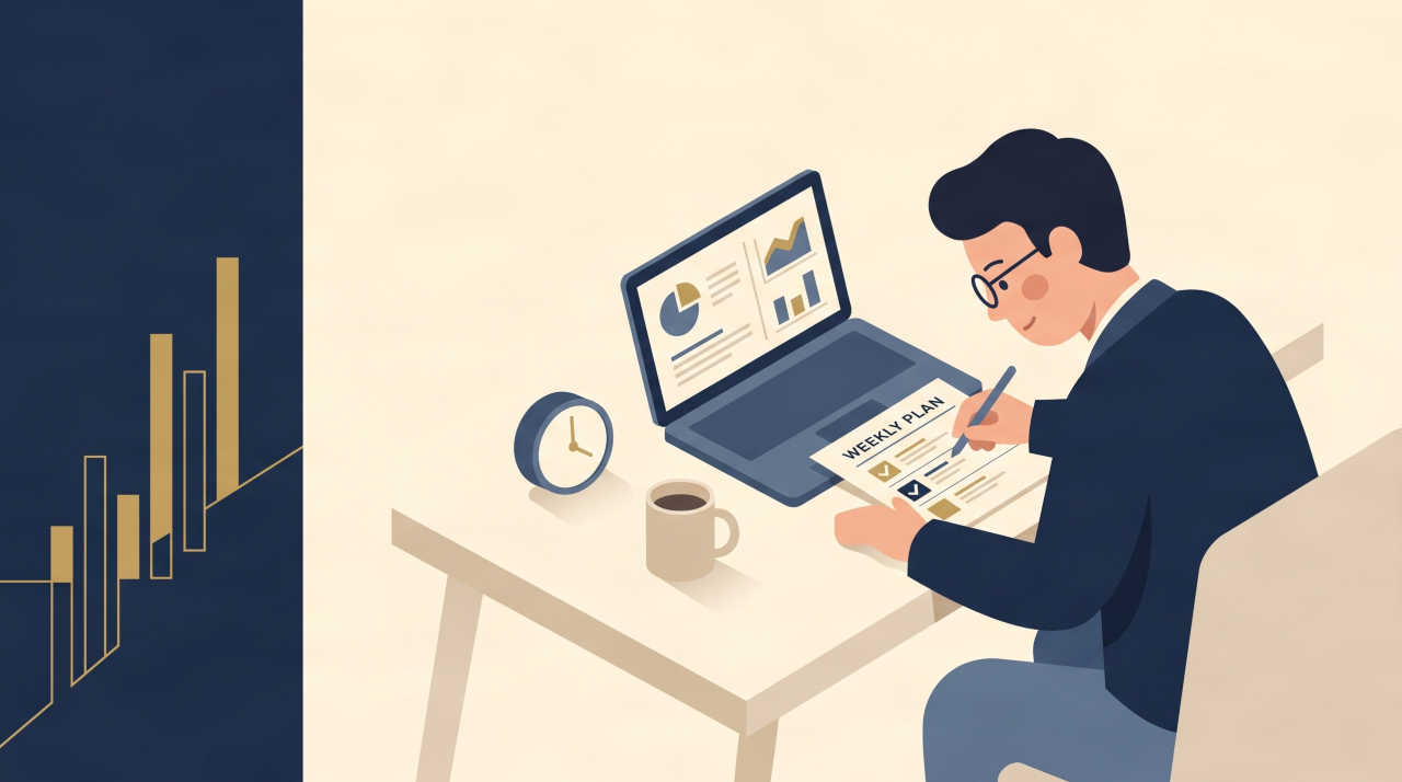 Flat illustration of a UK entrepreneur reviewing a weekly productivity plan at a minimal desk.