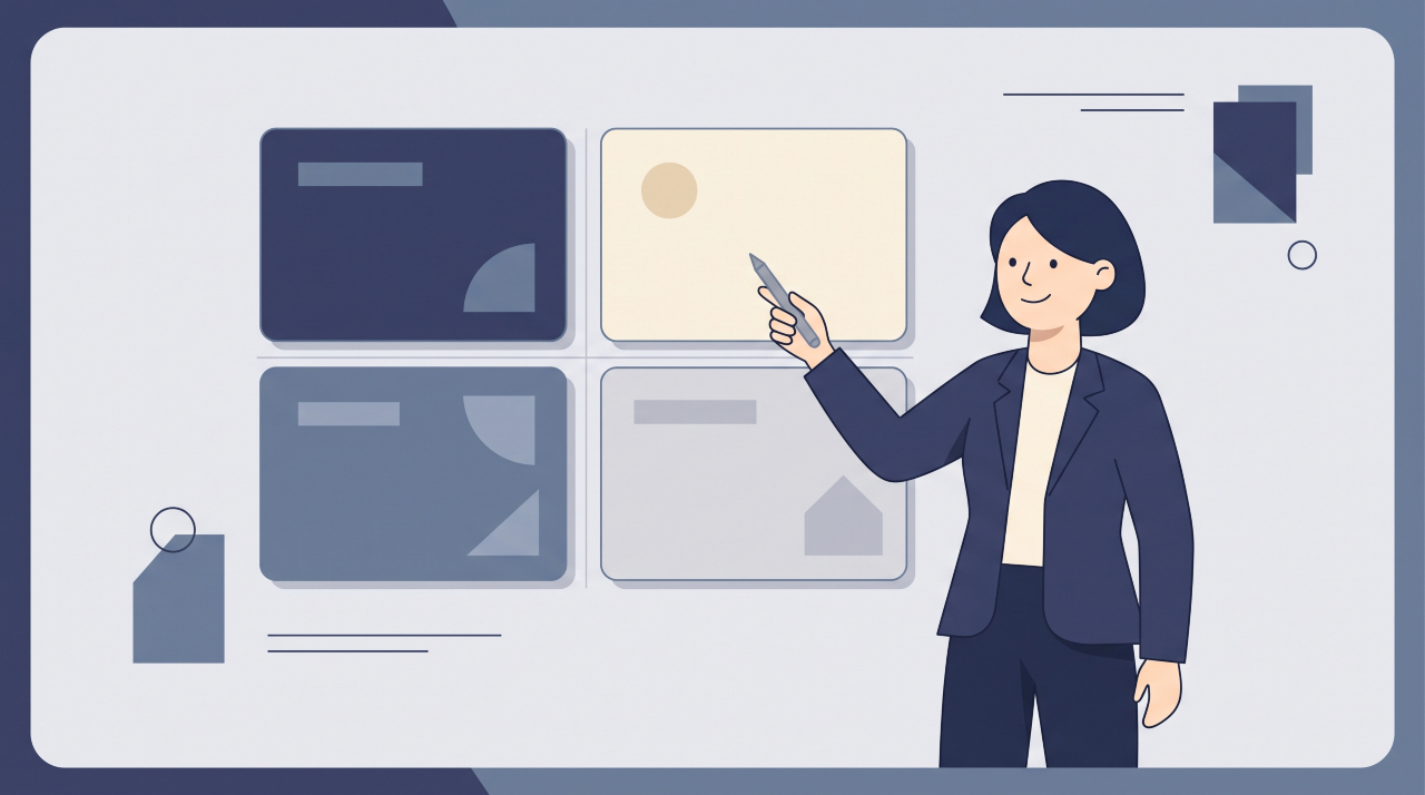 Flat illustration of a UK entrepreneur using a prioritisation matrix to organise productivity habits.