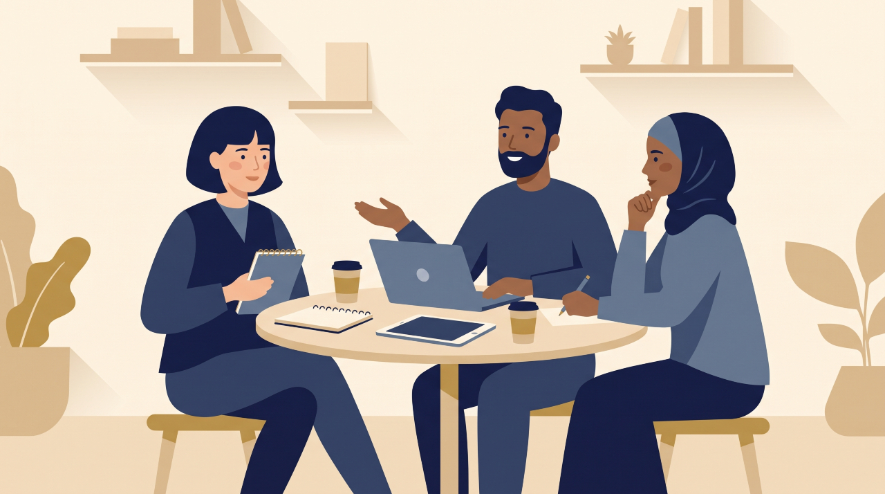 Flat illustration of a small peer group of UK entrepreneurs meeting to discuss business accountability.