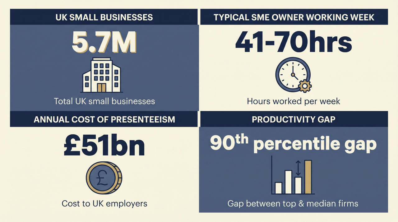 Flat infographic illustration showing four key UK entrepreneur productivity statistics for 2026.