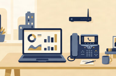 Flat illustration of a modern small business VoIP phone system setup with desk phone and laptop.