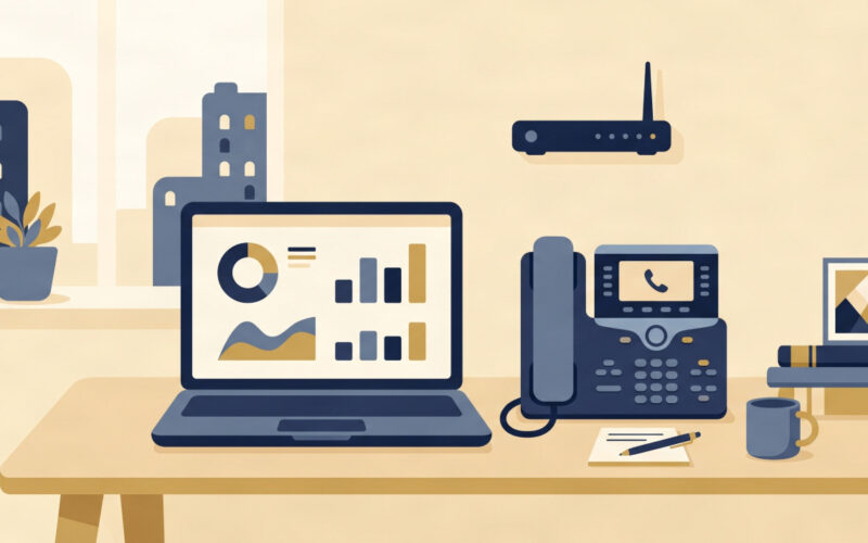 Flat illustration of a modern small business VoIP phone system setup with desk phone and laptop.