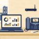 Flat illustration of a modern small business VoIP phone system setup with desk phone and laptop.
