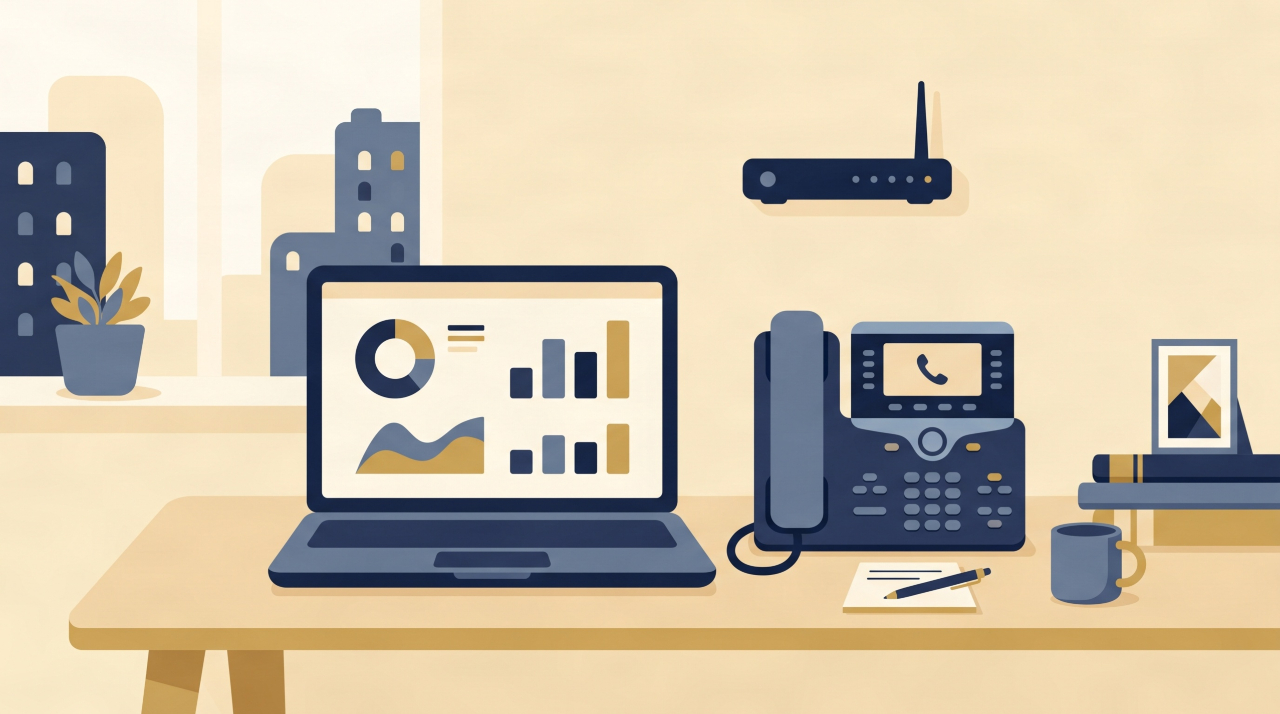 Flat illustration of a modern small business VoIP phone system setup with desk phone and laptop.