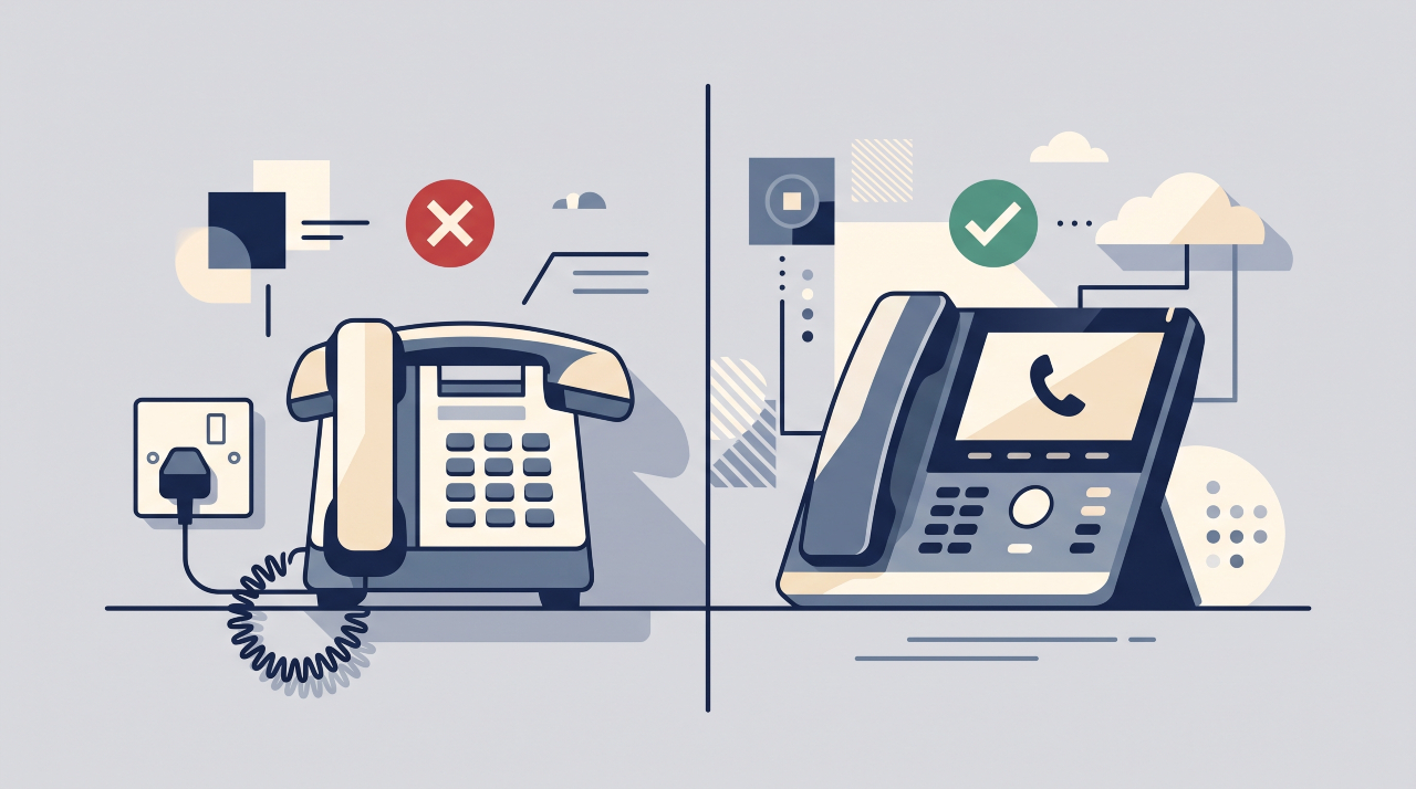Flat illustration comparing a traditional analogue phone with a modern VoIP phone system for UK businesses.