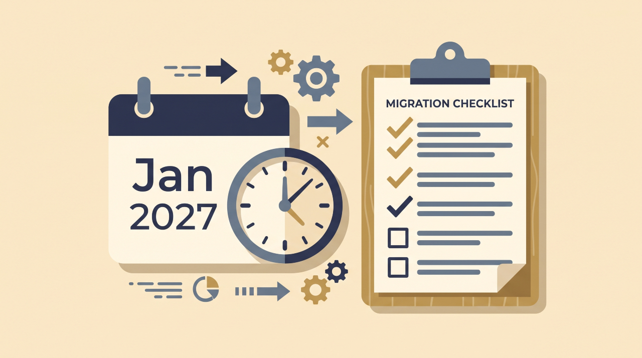 Flat illustration of a UK PSTN switch-off migration checklist and January 2027 deadline calendar.