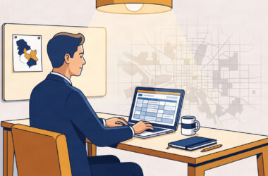 Territory sales officer reviewing a job description template on a laptop in an office