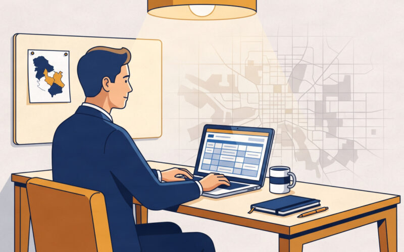 Territory sales officer reviewing a job description template on a laptop in an office