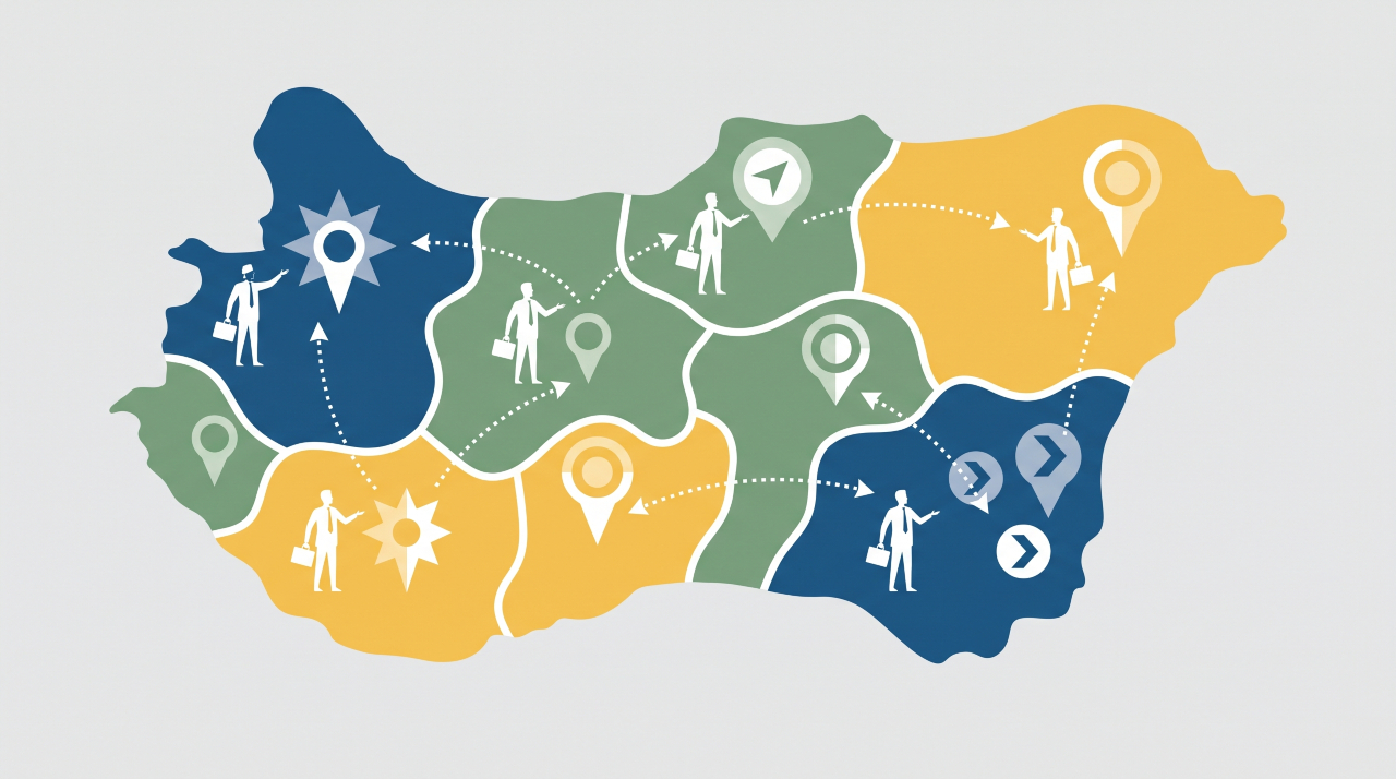 Illustrated map showing a sales territory divided into regions for field sales management
