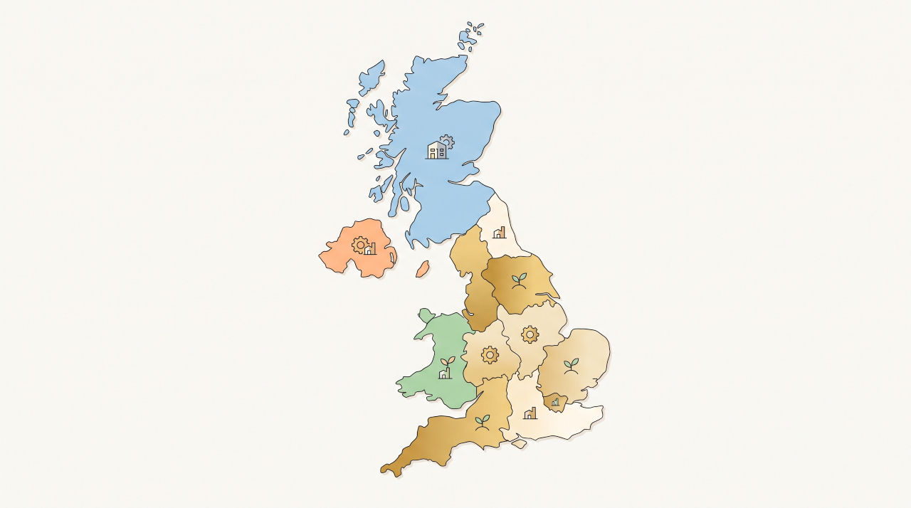 Illustration of UK map with regional business grant funding highlighted across devolved nations