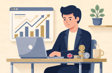 UK business owner reviewing economic outlook data and charts, flat illustration, 2026
