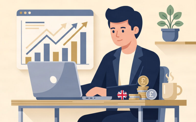 UK business owner reviewing economic outlook data and charts, flat illustration, 2026