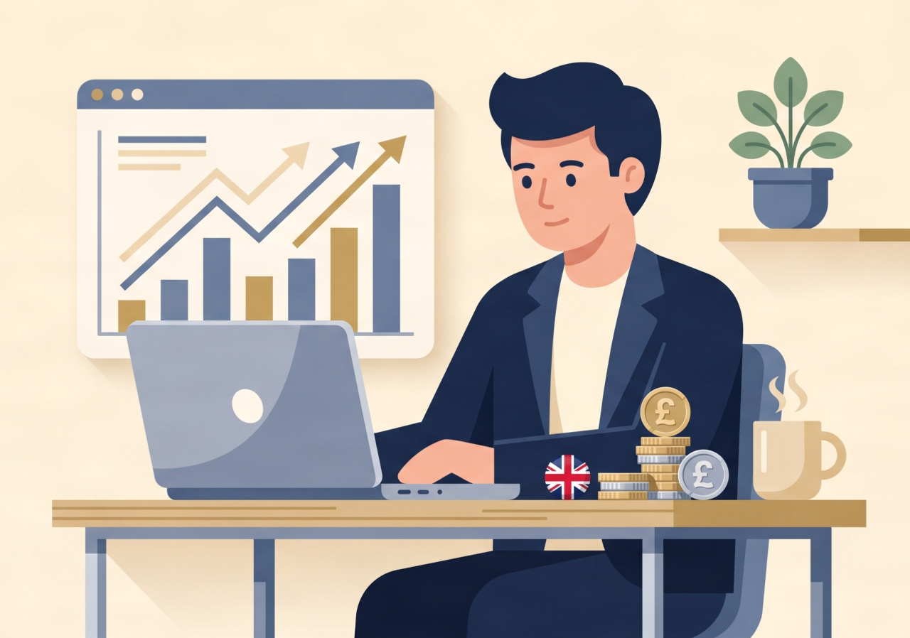 UK business owner reviewing economic outlook data and charts, flat illustration, 2026