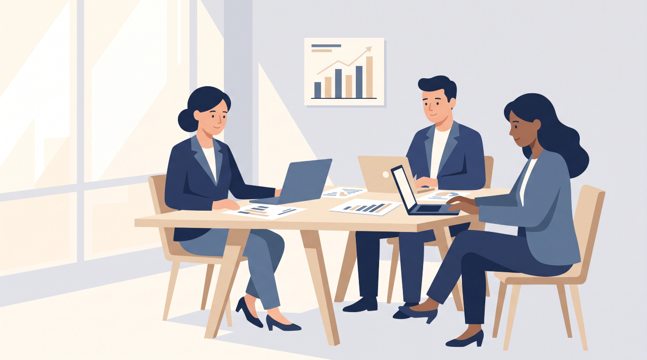 mall UK business team reviewing economic data together in a modern office, 2026 illustration