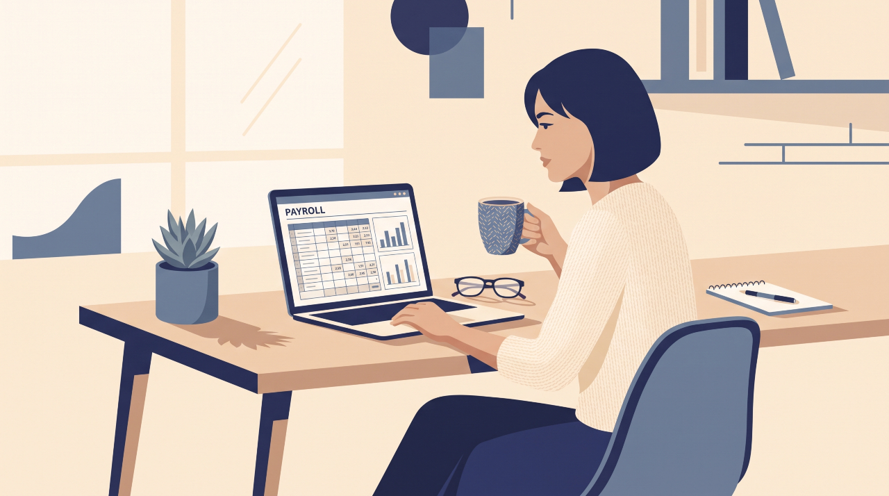 UK business owner reviewing payroll and National Insurance costs at desk, 2026 illustration
