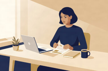 Illustration of a UK freelancer reviewing a client proposal at their desk