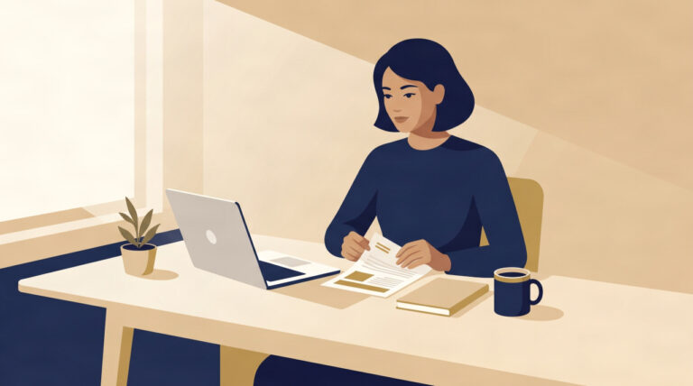 Illustration of a UK freelancer reviewing a client proposal at their desk