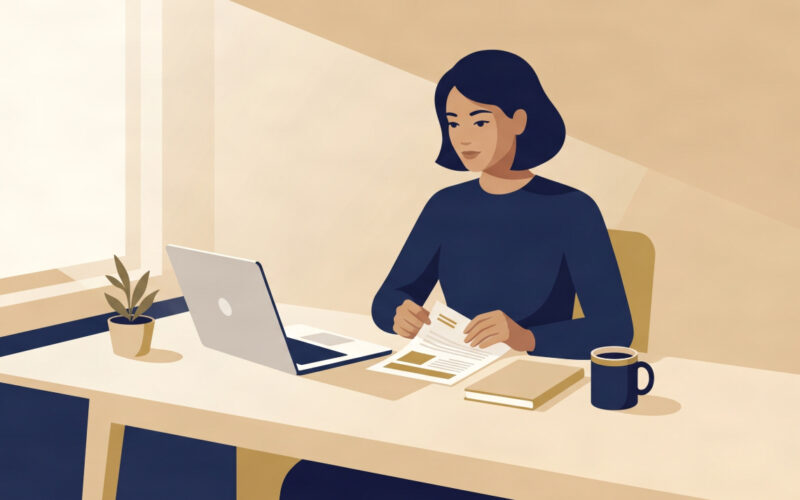 Illustration of a UK freelancer reviewing a client proposal at their desk