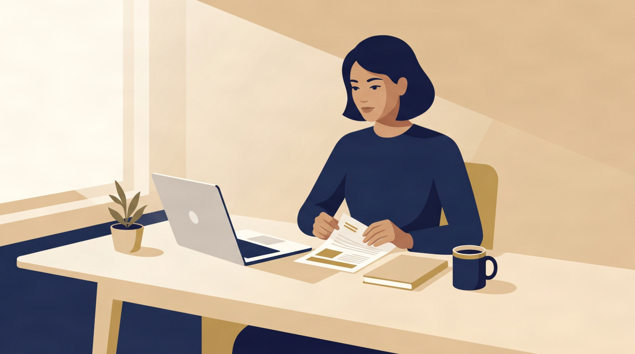 Illustration of a UK freelancer reviewing a client proposal at their desk