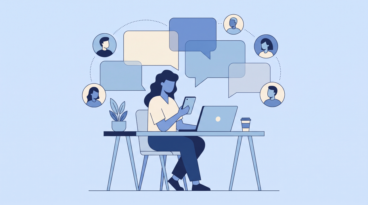 Illustration of a freelancer sending personalised outreach messages to their network.