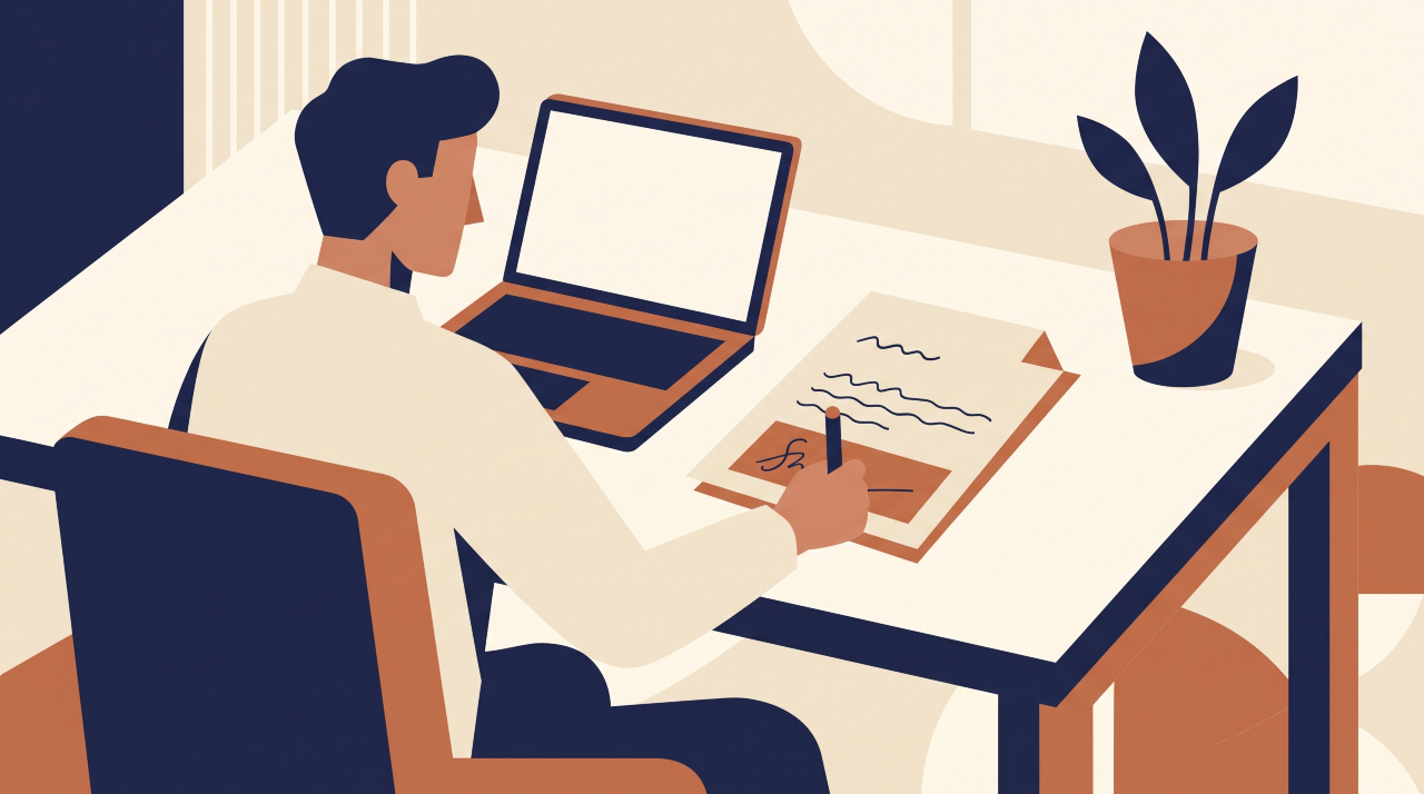 Illustration of a UK freelancer signing a simple written contract before starting their first project.