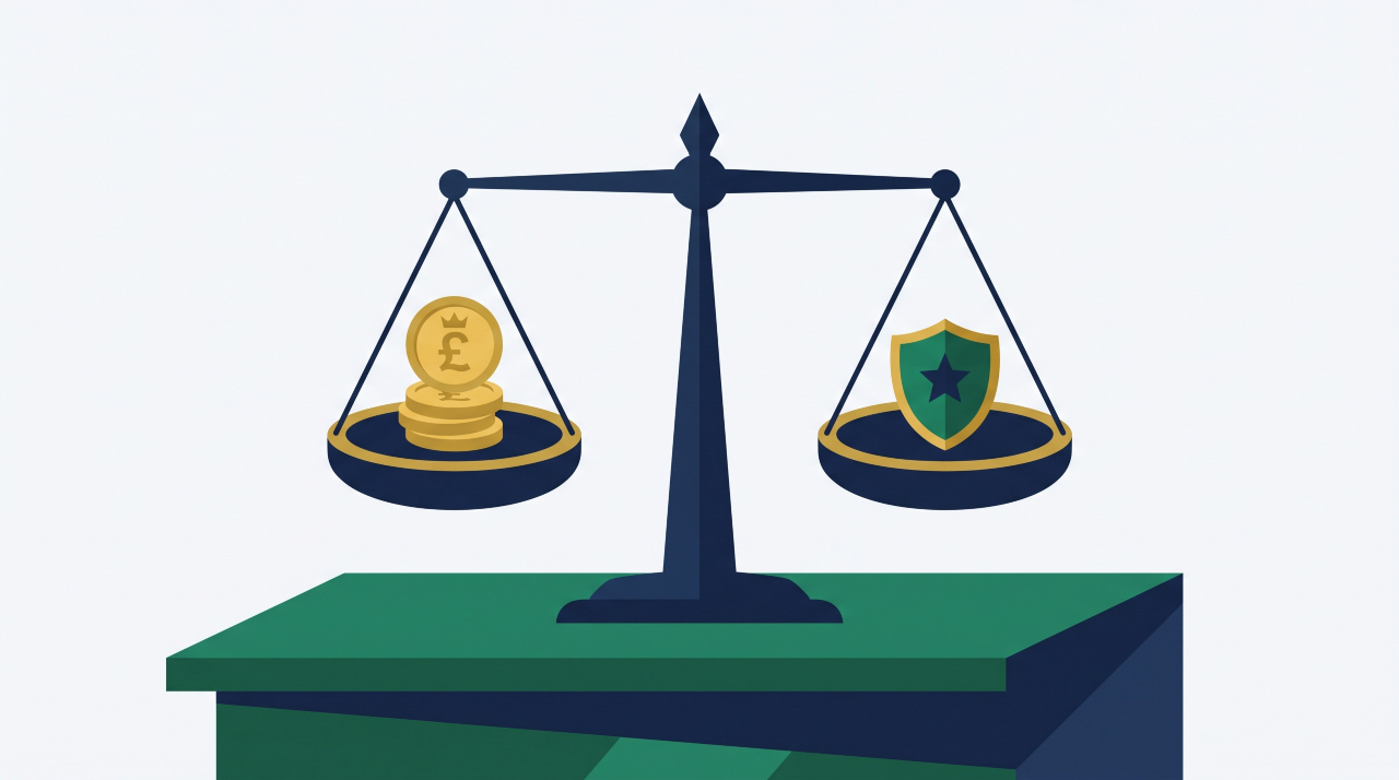 Illustration of weighing business insurance cost against protection for UK companies.