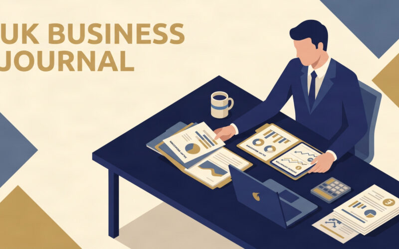 Flat vector illustration of a UK company director analyzing salary vs dividend tax breakdown on a desk.
