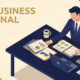 Flat vector illustration of a UK company director analyzing salary vs dividend tax breakdown on a desk.