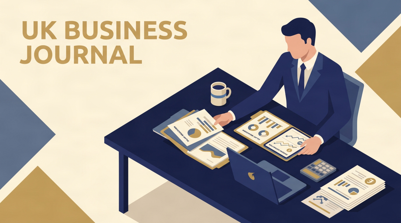 Flat vector illustration of a UK company director analyzing salary vs dividend tax breakdown on a desk.
