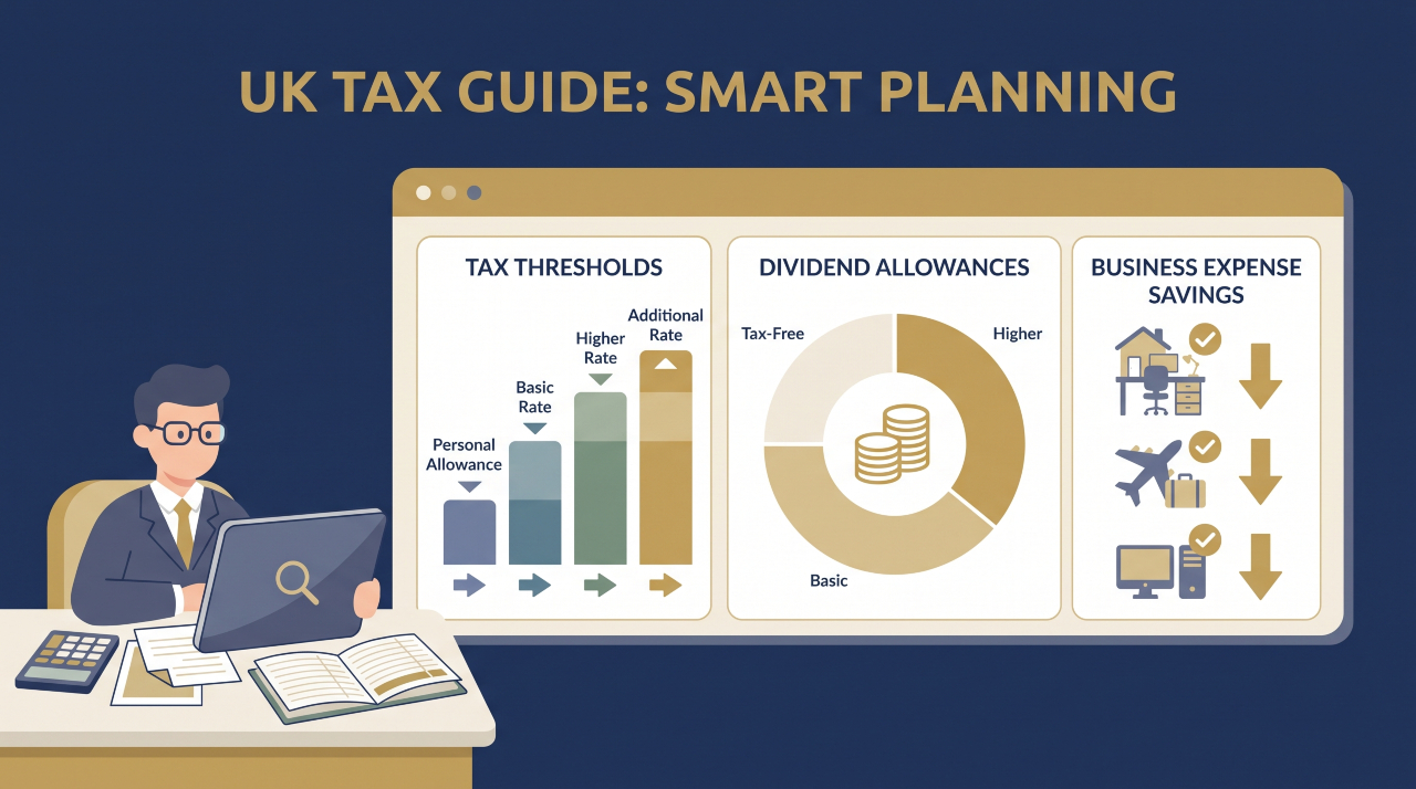 Flat illustration showing a UK business owner analyzing HMRC tax thresholds and profit extraction charts.