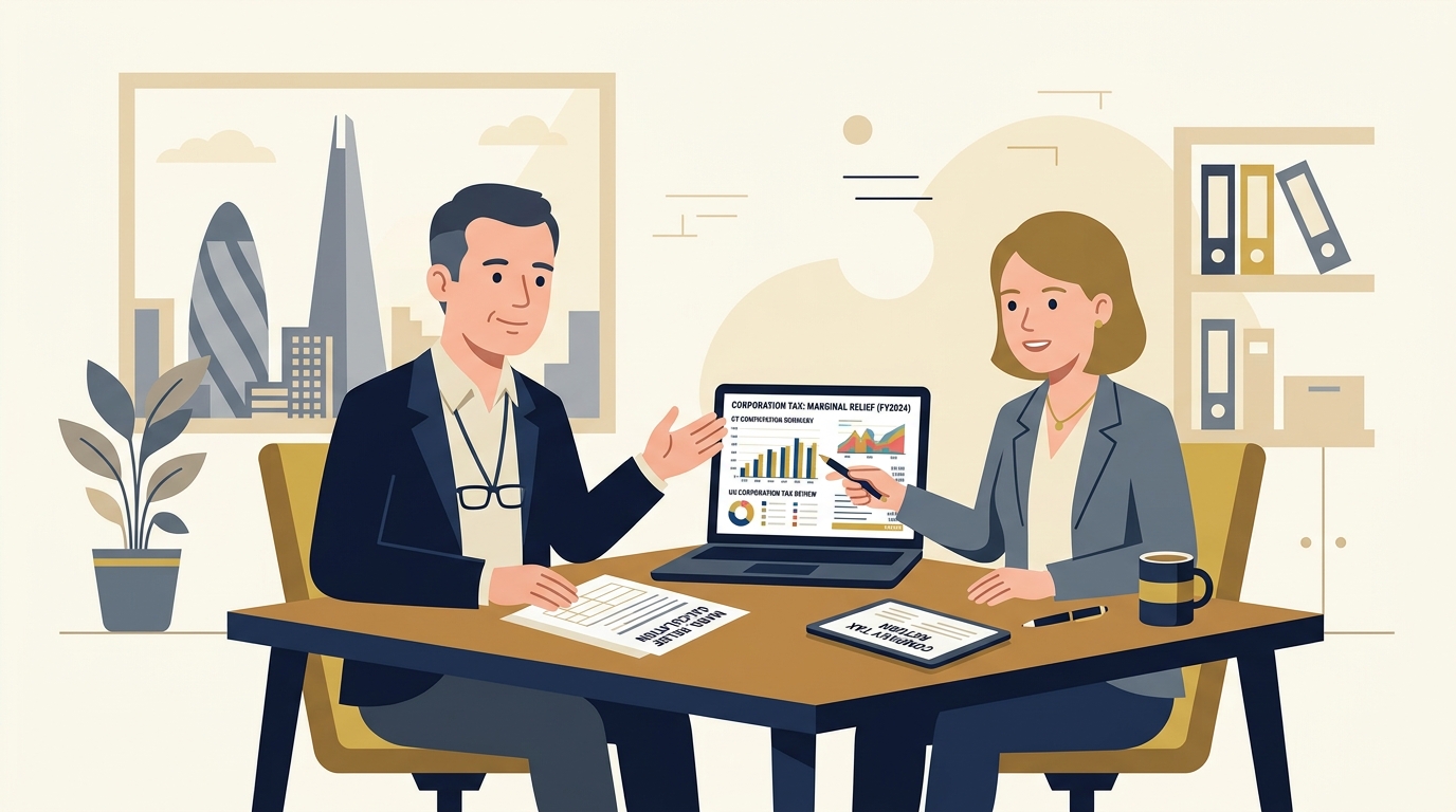 UK Limited Company Director and Accountant Reviewing Corporation Tax Rates and Marginal Relief