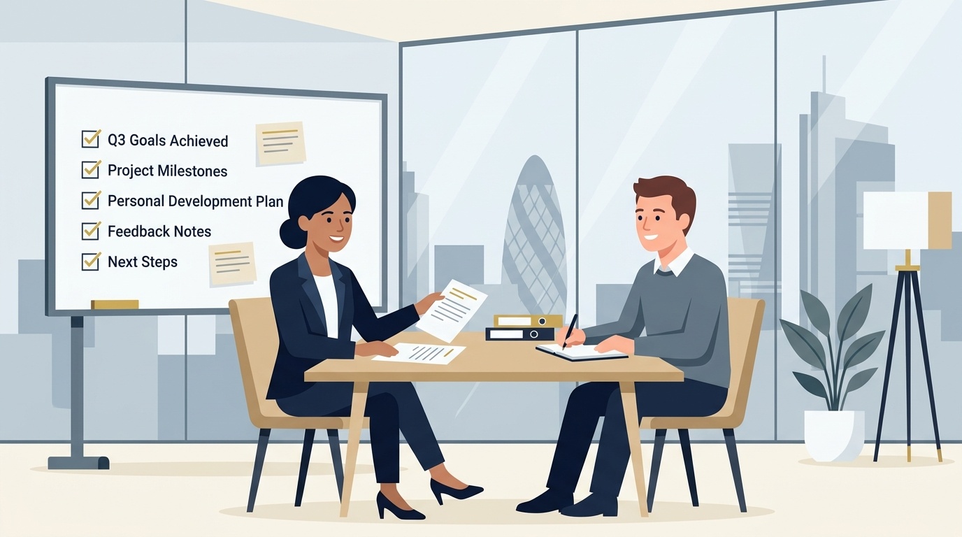 UK HR Director Conducting Structured Probationary Performance Review Meeting With Employee