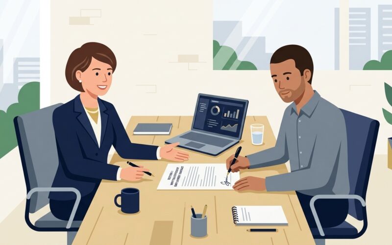 UK HR Director and Employee Reviewing and Signing Section 1 Employment Contract Statement