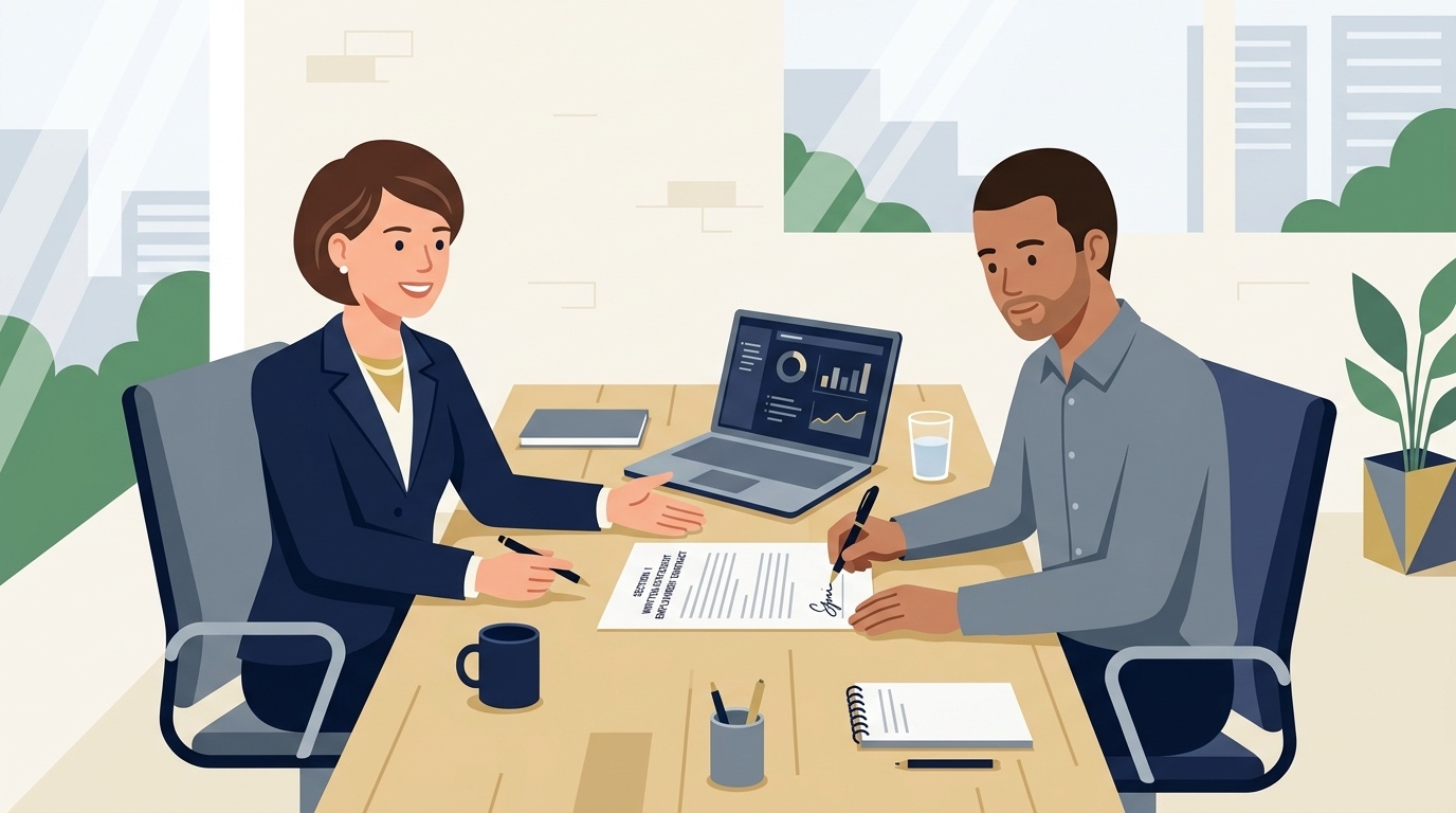 UK HR Director and Employee Reviewing and Signing Section 1 Employment Contract Statement