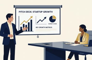 UK Startup Founder Presenting Pitch Deck to Business Angel Investor in Boardroom