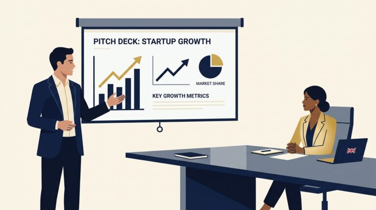 UK Startup Founder Presenting Pitch Deck to Business Angel Investor in Boardroom
