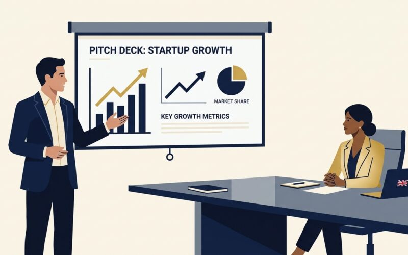 UK Startup Founder Presenting Pitch Deck to Business Angel Investor in Boardroom