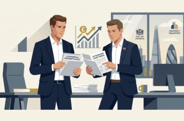 Flat vector illustration of a UK business owner reviewing small business rates relief documents.