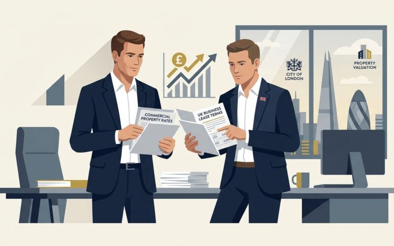 Flat vector illustration of a UK business owner reviewing small business rates relief documents.