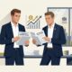 Flat vector illustration of a UK business owner reviewing small business rates relief documents.