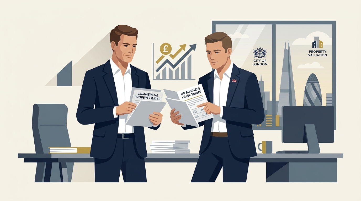 Flat vector illustration of a UK business owner reviewing small business rates relief documents.