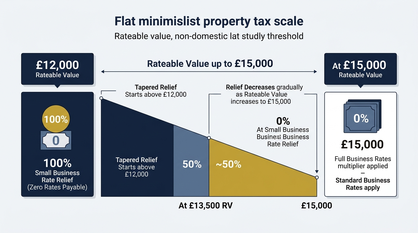 Vector graphic chart illustrating 100 percent and tapered small business rates relief thresholds in England