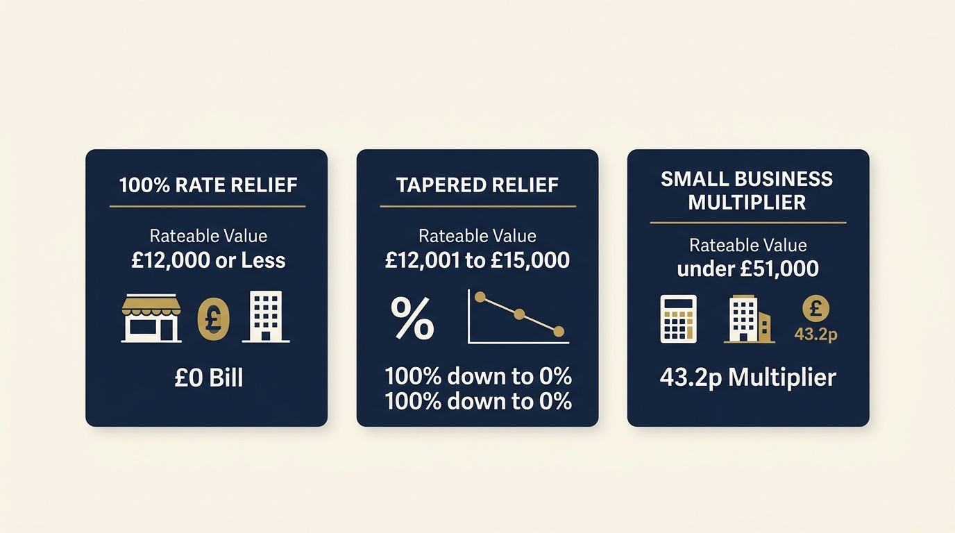 Comparison Matrix of UK Small Business Rates Relief Thresholds: 100% Relief vs Tapered vs Multiplier