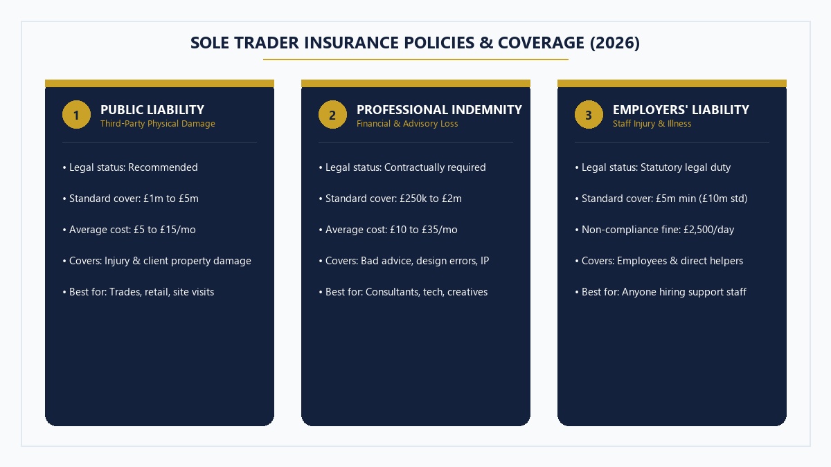 Comparison Matrix of Sole Trader Insurance Policies: Public Liability vs Professional Indemnity vs Employers Liability